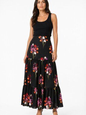BORGO DE NOR EMME BLACK FLORAL CREPE HIGH WAIST TIERED A-LINE MAXI SKIRT -